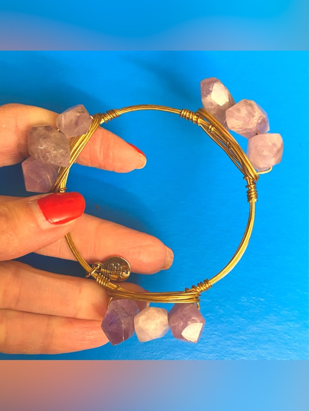 Bourbon and Boweties Bangles, Raw Amethyst Carnelian, & Amber in Brass Wire EUC - Picture 2 of 7